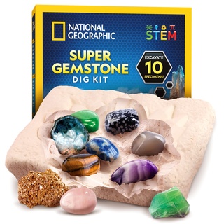 NATIONAL GEOGRAPHIC Super Edelstein Ausgrabungsset - 10 echte Edelsteine, Grabwerkzeuge & Vergrößerungsglas, Wissenschaftskits für Kinder 8-12, Kristalle