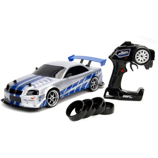 Jada Toys Fast & Furious RC Nissan Skyline GTR, R34, Driftfunktion, Ferngesteuertes Auto mit Funkfernsteuerung, Allradantrieb, 4 Ersatzreifen, USB Ladefunktion, Maßstab 1:10, blau/Silber