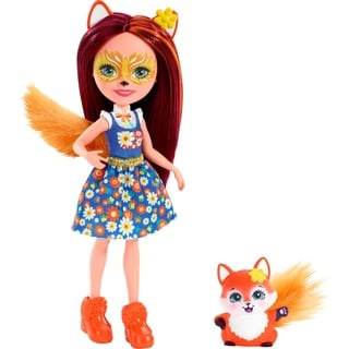 Enchantimals FXM71 - Felicity Fox Puppe & Flick-Figur, Puppe (15cm) mit Langen, brünetten Haaren, Tierohren und buschigem Schwanz, abnehmbarem Rock, Schuhen, Spielzeug Geschenk für Kinder ab 3 Jahren