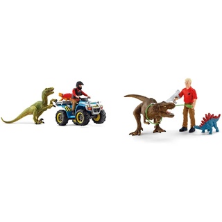 Schleich 41466 Dinosaurs Spielset - Flucht auf Quad vor Velociraptor, Spielzeug ab 5 Jahren & 41465 Dinosaurs Spielset - Tyrannosaurus Rex Angriff, Spielzeug ab 5 Jahren