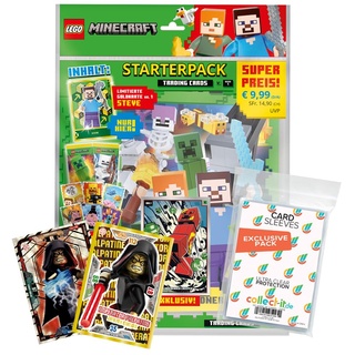 Bundle mit Lego Minecraft Serie 1 Trading Cards - 1 Starter + 2 Limitierte Star Wars Karten + Exklusive Collect-it Hüllen