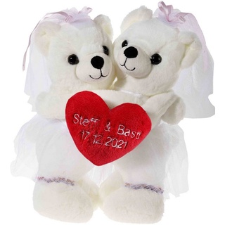 Heunec® Kuscheltier Hochzeitsbärenpaar Bärin & Bärin, individuell bestickbar, mit Regenbogen-Strumpfbändern; mit individueller Bestickung rot|weiß