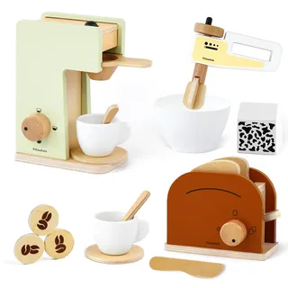 Pillowhale Kinderküche Spielset,Holz Kaffeemaschine Spielzeug,Pop-Up Toaster Spielzeug,Mixer Rührgerät Spielzeug,Küchen Frühstücksset,Spielküche Kinderküche Zubehör für Kinder 3+