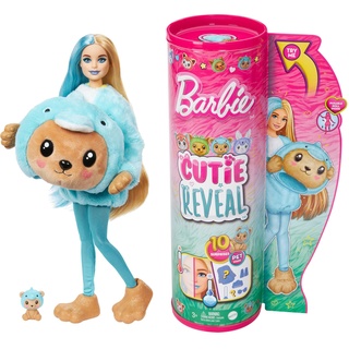 BARBIE Cutie Reveal Puppe - 10 Überraschungen, Plüschtierfreunde, Outfits, Farbwechselspaß, Teddybär in Delfin-Plüschkostüm, Colorblock-Haare, Mini-Haustier, Fleece-Jacke, ab 3 Jahren, HRK25