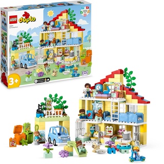 LEGO DUPLO 3-in-1-Familienhaus, Puppenhaus aus Bausteinen mit Push&Go Auto, 5 Figuren, 2 Tieren und Spielzeug-Lampe, Spielhaus Geschenk für Kleinkinder, Mädchen und Jungen ab 3 Jahren 10994