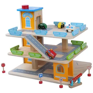 TikTakToo Spiel-Parkgarage Parkhaus Parktower Spielzeug Kinder Autogarage aus Holz (aus Holz mit reichlich Zubehör, komplettes Spielset), Garage incl. 4 Spielzeugautos beige