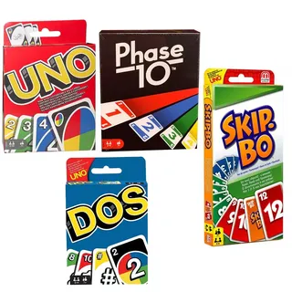 SPAR-SET 169882 - Mattel - 4er Set Kartenspiele: UNO, Skip Bo, Phase 10 und DOS