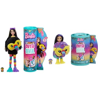 Barbie-Puppen und Accessoires & kleine Puppen und Zubehör, Cutie Reveal Chelsea Puppe mit Tukan-Plüschkostüm und 7 Überraschungen inklusive Farbwechsel