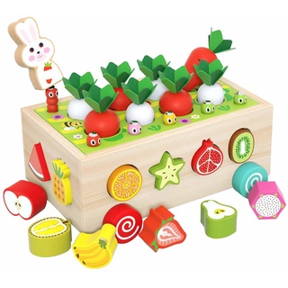 Montessori Holzspielzeug ab 1 2 3 Jahre,7-in-1 Karottenernte Holzspielzeug, Motorikspielzeug, Steckwürfel-Sortierspiel, Stapelspielzeug als Lernspielzeug Geschenk für Mädchen und Jungen