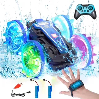 Hofeny Amphibisches Ferngesteuertes Auto mit LED Licht, Amphibienfahrzeug Wasser Ferngesteuert Geländetaugliches Blinken RC Stunt Auto für Kinder ab 3-12 Jahren, Indoor Outdoor Pool Strand Spielzeug