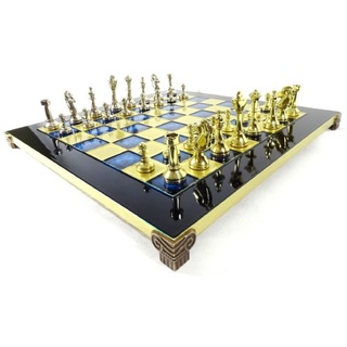 Casa Padrino Luxus Schach Set Schwarz / Blau / Gold / Silber / Messing 36 x 36 cm - Modernes Schachspiel - Handbemaltes Messing Schachbrett mit Metall Schachfiguren - Luxus Deko Accessoires