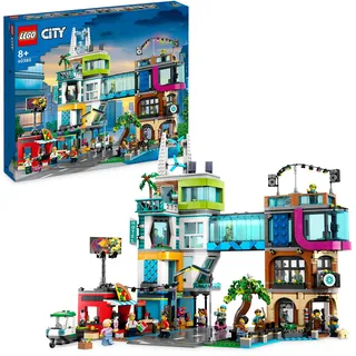 LEGO 60380 City Stadtzentrum Set, Modellbausatz, Spielzeug mit Spielzeugläden wie Friseur, Tierarzt, Hotel und Dachdisco mit Minifiguren und Straßenplatten, Geschenk zum Geburtstag für Kinder