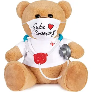 Brubaker Teddy Plüschbär mit Mundschutz und Stethoskop - Gute Besserung - 35 cm - Teddybär mit Arzt Shirt Weiß - Plüschteddy Kuscheltier Schmu...