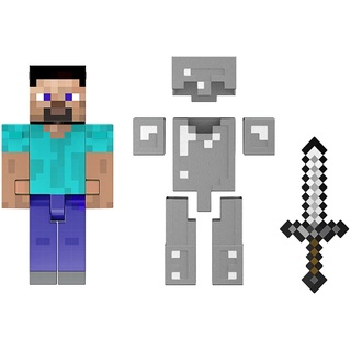 MINECRAFT Diamond Level Steve Figur - 14cm, beweglich, gusseiserne Rüstung, Schwert, Block, für Erwachsene, HLL30