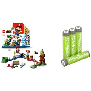 LEGO 71360 Super Mario Abenteuer mit Mario – Starterset, interaktive Figur und BAU-Spielzeug, ab 6 Jahren & Amazon Basics AAA-Batterien, wiederaufladbar, vorgeladen, 4 Stück