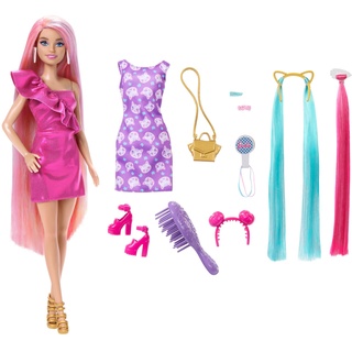Barbie-Puppe, Fun & Fancy-Haar mit extralangem, farbenfrohem blondem Haar und glänzendem rosa Kleid, 10 Frisier- und Mode-Spielaccessoires, JDC85