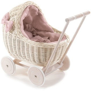 e-wicker24 DESAYER PUPPENWAGEN AUS WEIDE MIT LEINEN BETTWÄSCHE, Spielzeug AUS WEIDEN IN BEIGE, NATÜRLICHE KINDERSPIELZEUG, EIN Geschenk FÜR EIN Kind (rosa)