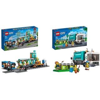 LEGO 60335 City Bahnhof & 60386 City Müllabfuhr, Müllwagen Spielzeug mit Mülltonnen für Kinder ab 5 Jahren, Lern- und Sortierspielzeug, Serie Nachhaltiges Leben