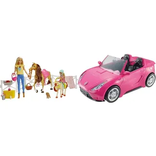 Barbie GLL70 - Reitspaß Spielset mit Barbie (blond), Chelsea, Pferd und Pony, Puppen Spielzeug ab 3 Jahren & Cabrio Fahrzeug, in pink, mit Platz für 2 Puppen, Puppen Zubehör, Spielzeug ab 3 Jahren