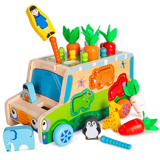 OAKJAR Montessori Spielzeug ab 1 2 3 Jahre | Holzspielzeug Karottenernte | Motorikspielzeug Angeln Spielzeugauto für Mädchen und Jungen | Holzpuzzle Sortier&Stapelspielzeug