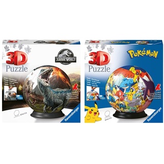 Ravensburger 3D Puzzle 11757 - Puzzle-Ball Jurassic World - 72 Teile - Puzzle-Ball für Dinosaurier-Fans ab 6 Jahren & 11785 - Puzzle-Ball Pokémon - 72 Teile - Puzzle-Ball für Pokémon Fans ab 6 Jahren