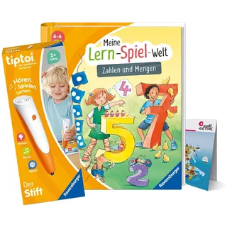 Ravensburger tiptoi Set: Meine Lern-Spiel-Welt - Zahlen und Mengen (Kinderbuch) + 00110 Stift + Kinder-Weltkarte, Lernspielzeug für Kinder