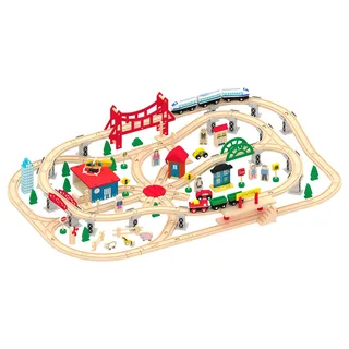 Leomark Holzeisenbahn - mit 130 Teilen - Spielzeug Eisenbahn, Kinder-Bahn Zug, Spiel-Set Holz, Konstruktionsspielzeug + Magnetwagen