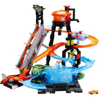 Hot Wheels Autorennbahn mit Krokodil und Autowaschanlage, mit Farbwechseleffekt, inkl. 1 Spielzeugauto, Auto Spielzeug, Spielzeug ab 5 Jahre, FTB6