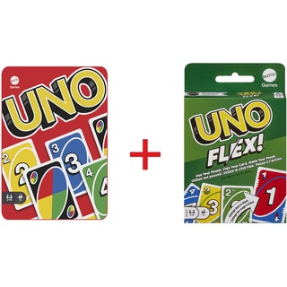 Mattel Games Bundle Pack - UNO-Kartenspiel (HGB63) + UNO Flex (HMY99) mit 112 Karten, Metallbox und Flex-Karten, exklusive Sammlerdose, Gesellschaftsspiel, Spielzeug für 2-6 Spieler ab 7 Jahren