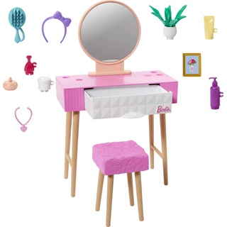 Barbie Mobilier – HJV35 – Möbel-Set Dekoration für Puppenhaus, Barbie – Thema Eitelkeit, Spiegel, Hocker und Kosmetikprodukte