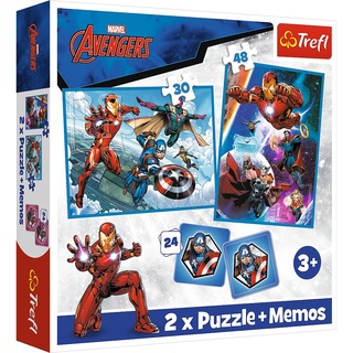 Trefl 93333 3in1: 2X Memory-Spiel, Puzzle mit Superhelden, 30 und 48 Elemente, Verschiedene Schwierigkeitsgrade, 24 Memos, Spaß für Kinder ab 3 Jahren, Marvel The Avengers, Helden in Aktion