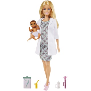 Barbie GVK03 - Kinderärztin-Spielset mit Blonder Puppe (ca. 30 cm), Babypuppe, Stethoskop, Thermometer, Oszilloskop, Klemmbrett, Decke und Babyfläschchen, tolles Geschenk für Kinder ab 3 Jahren