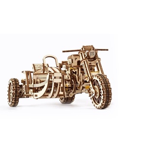 UGEARS Motorrad mit Beiwagen 3D-Puzzles – Vatertagsgeschenk Holzmodellbausätze für Erwachsene zum Bauen – Beiwagen-Motorrad-Modellbausatz im Retro-Design mit Gummibandmotor