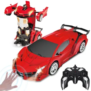 Yellcetoy Roboter Auto, Transformator Spielzeug mit Handgesten Sening LED Licht Musik & Sound Effekt, Ferngesteuertes Auto mit 2,4Ghz Fernbedienung Akkus für Kinder Junge Geschenke ab 4-10 Jahre Rot