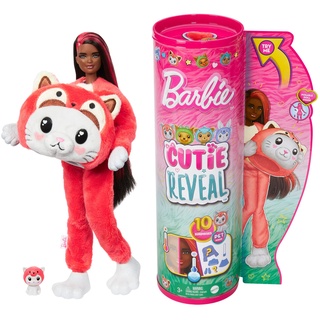 BARBIE Cutie Reveal Puppe - 10 Überraschungen, Plüschtierfreunde, Outfits und Farbwechselspaß, Roter-Panda-Plüschkostüm, Zubehör und Mini-Haustier, für Kinder ab 3 Jahren, HRK23