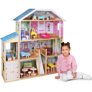 Infantastic® Puppenhaus aus Holz - XXXL, 4 Spielebenen, Spielset mit Möbeln und Zubehör, für 30 cm große Puppen - Puppenvilla, Dollhouse, Puppenstube, Kinder Spielzeug für Mädchen und Jungen