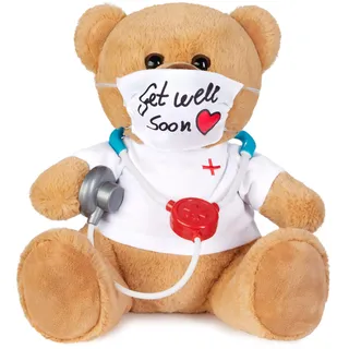 BRUBAKER Teddybär mit Mundschutz und Stethoskop - Get Well Soon - 35 cm - Teddy Plüschbär mit Arzt Shirt - Kuscheltier Plüschteddy - Braun Weiß