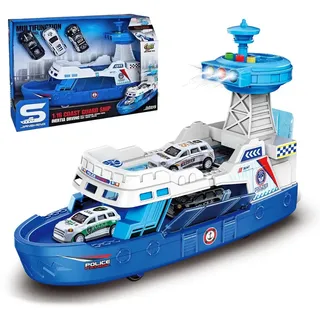 Auto Spielzeug Polizeischiff, Spielzeugschiff mit 3 Spielzeugauto 1:16, Spielzeug Auto mit Licht und Sound, Aufziehauto