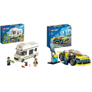 LEGO 60283 City Ferien-Wohnmobil Spielzeug, Wohnmobil Spielset, Sommerferien-Spielzeug & 60383 City Elektro-Sportwagen Set, Rennwagen mit Minifigur, Spielzeugauto für Jungen und Mädchen ab 5 Jahren