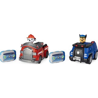 PAW PATROL 6054195 - Ferngesteuertes Feuerwehrauto mit Marshall - Figur, RC Fahrzeug in rot & 6054190 - Ferngesteuertes Polizeiauto mit Chase - Figur, RC Fahrzeug in blau