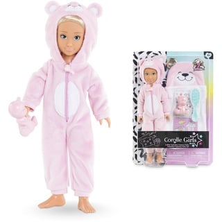 Corolle Girls Valentine Pyjama Party, Ankleidepuppe im kuscheligen Bär- Onesie, 7 Teile, Schlafsack, Vanilleduft, 28cm, ab 4 Jahren