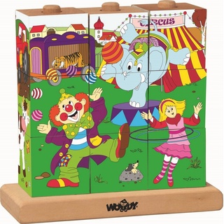 Woodyland Lernspielzeug 93053 Holz Puzzle Cubes / Würfelpuzzle mit 4 Motiven -Thema Zirkus
