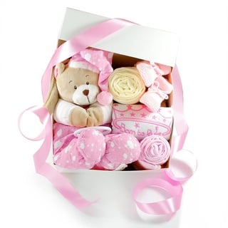 dubistda-WINDELTORTEN-® Baby Geschenkbox zur Geburt SPIELUHR TEDDYBÄR rosa | Geschenkkorb 6-teilig