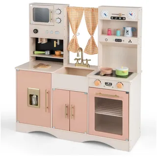 COSTWAY Spielküche Holz, Kinderküche mit Mikrowelle, Spüle rosa