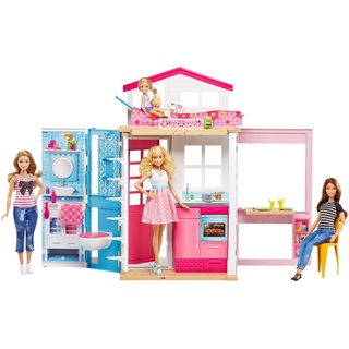 Barbie GXC00-2-Etagen Ferienhaus und Puppe, zusammenklappbar, mit Tragegriff, mehrere Spielbereiche, enthaltene Möbel & themenbezogene Aufkleber + Zubehörteile, Puppenhaus, Spielzeug ab 3 Jahren