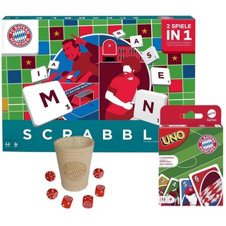 Mattel games Spiel, Brettspiel Scrabble - FC Bayern München + UNO & Würfelbecher blau