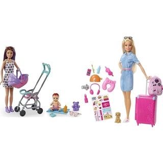 Barbie GXT34 - Babysitter-Spielset mit Skipper-Puppe (brünette Haare) und Baby & FWV25 Travel Puppe (blond) mit Hündchen
