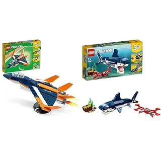 LEGO 31126 Creator 3-in-1 Überschalljet, Flugzeug Hubschrauber und Boot & 31088 Creator Bewohner der Tiefsee, Spielzeug mit Meerestieren Figuren: Hai, Krabbe, Tintenfisch und Seeteufel