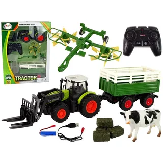 efaso RC-Traktor Set - Ferngesteuerter Traktor / Landmaschinen - Heuwender / Anhänger (Landwirtschaft, 6-tlg), / Heuballen / Kuh-Figur grün