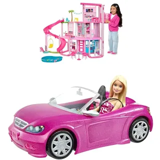 BARBIE - Traumvilla & Puppe und Cabrio in rosa mit Glitzer, realistische Reifen und Barbie Logo, Spielzeug ab 3 Jahren, DJR55